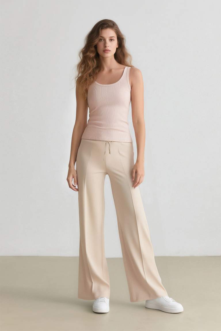 Wide Leg Pensli Kumaş Pantolon Normal Bel Geniş Cepli Bol Paça