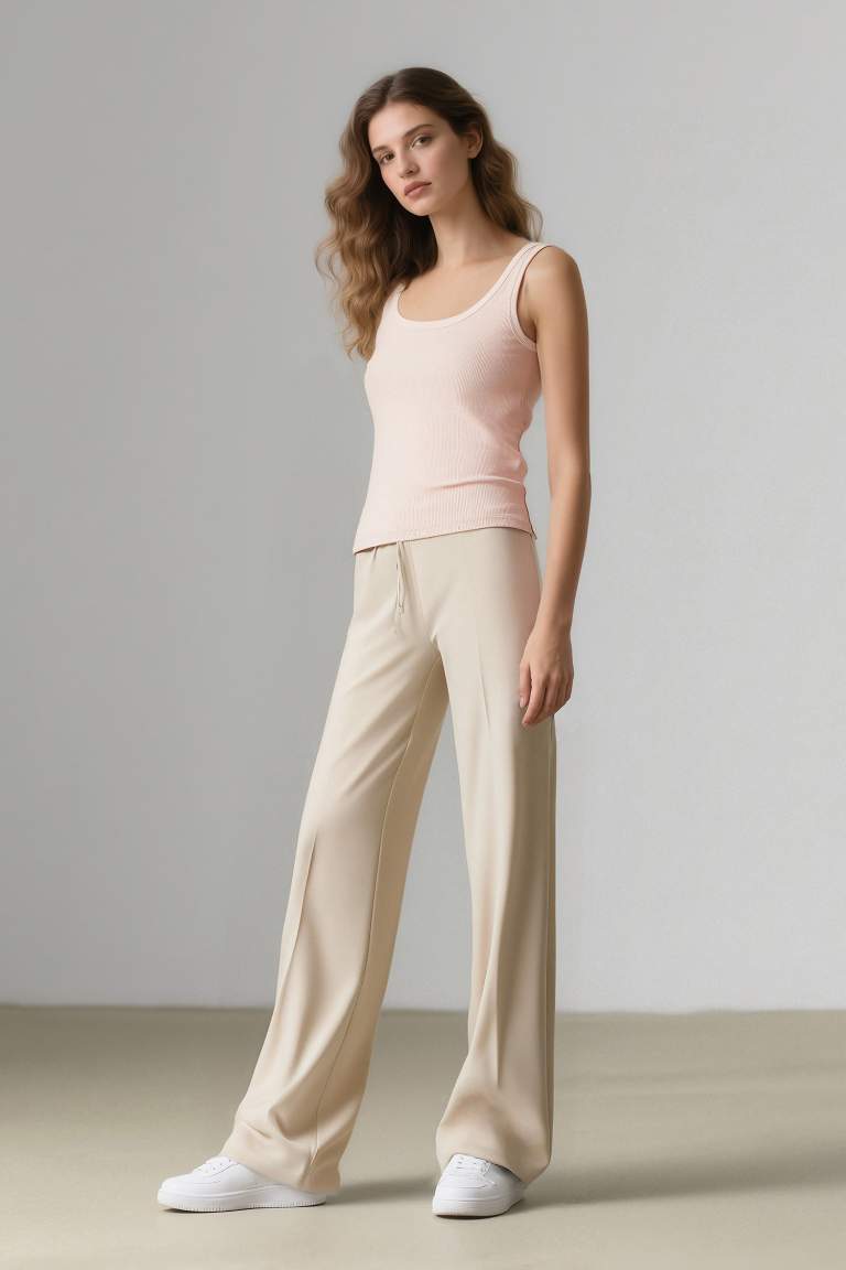 Wide Leg Pensli Kumaş Pantolon Normal Bel Geniş Cepli Bol Paça