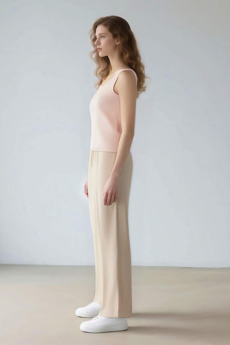 Wide Leg Pensli Kumaş Pantolon Normal Bel Geniş Cepli Bol Paça
