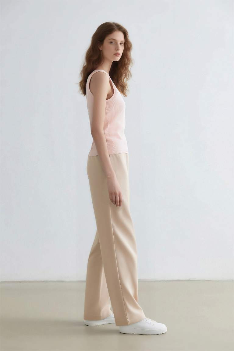 Wide Leg Pensli Kumaş Pantolon Normal Bel Geniş Cepli Bol Paça