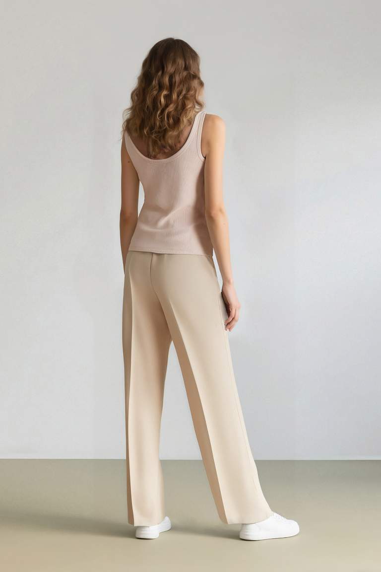 Wide Leg Pensli Kumaş Pantolon Normal Bel Geniş Cepli Bol Paça