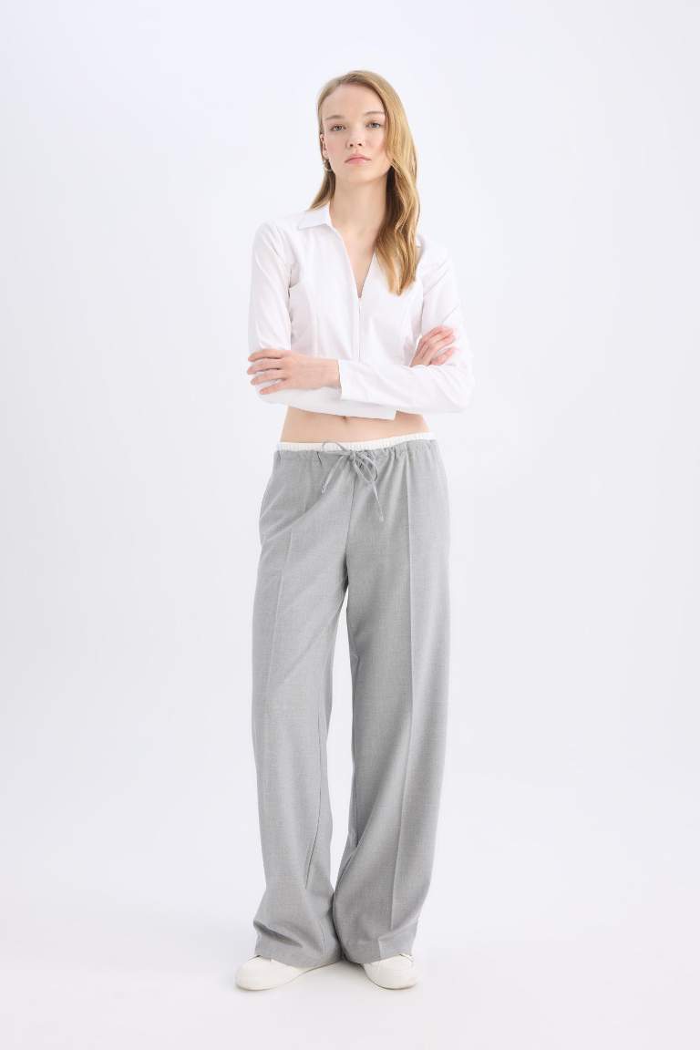 Wide Leg Kumaş Pantolon Normal Bel Geniş Cepli Pensli Bol Paça