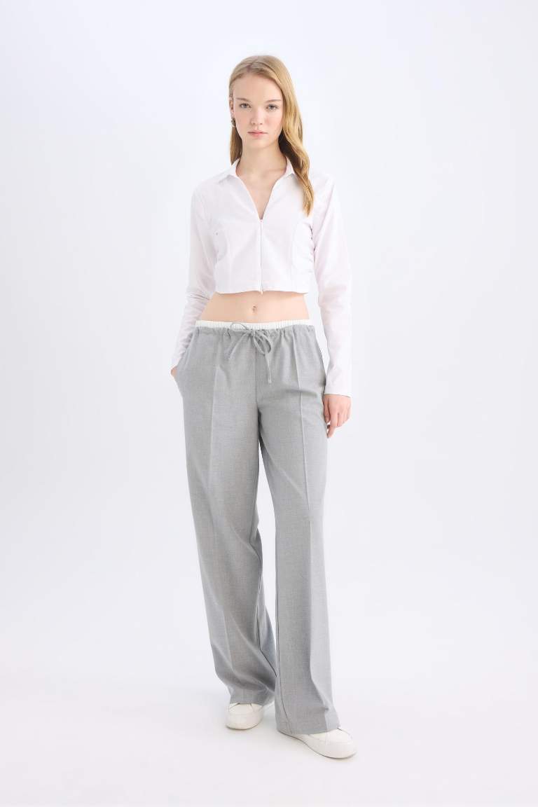 Wide Leg Kumaş Pantolon Normal Bel Geniş Cepli Pensli Bol Paça