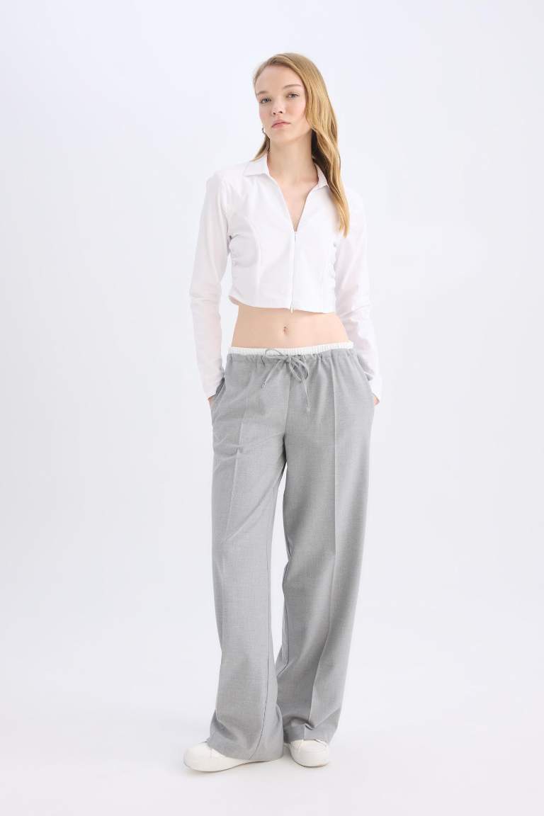 Wide Leg Kumaş Pantolon Normal Bel Geniş Cepli Pensli Bol Paça