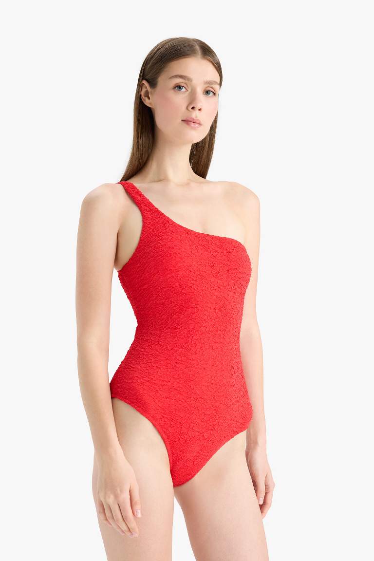 Regular Fit Gofre Dokulu Tek Omuz Mayo-Fall in Love