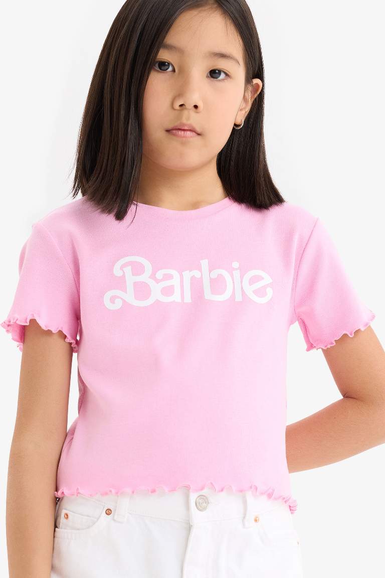 Kız Çocuk Barbie Fitted Bisiklet Yaka Ribana Kısa Kollu Tişört