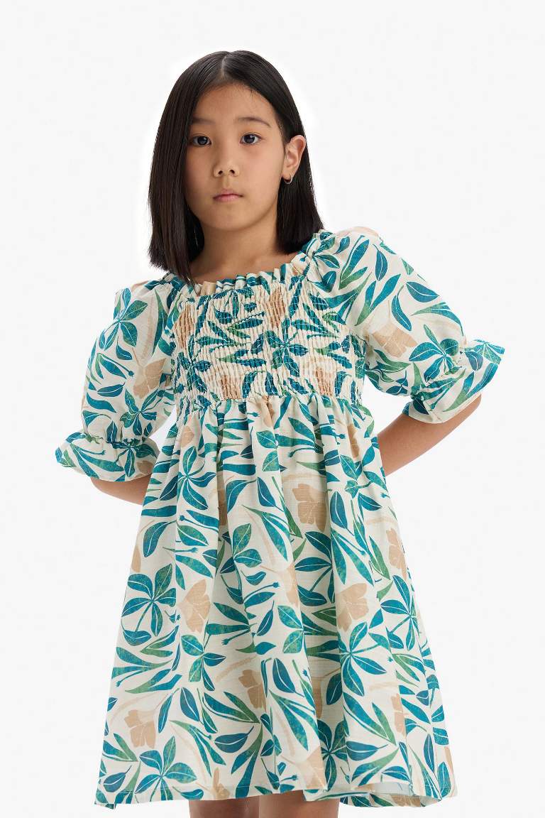 Girl Patterned Cotton Short Sleeve Dress