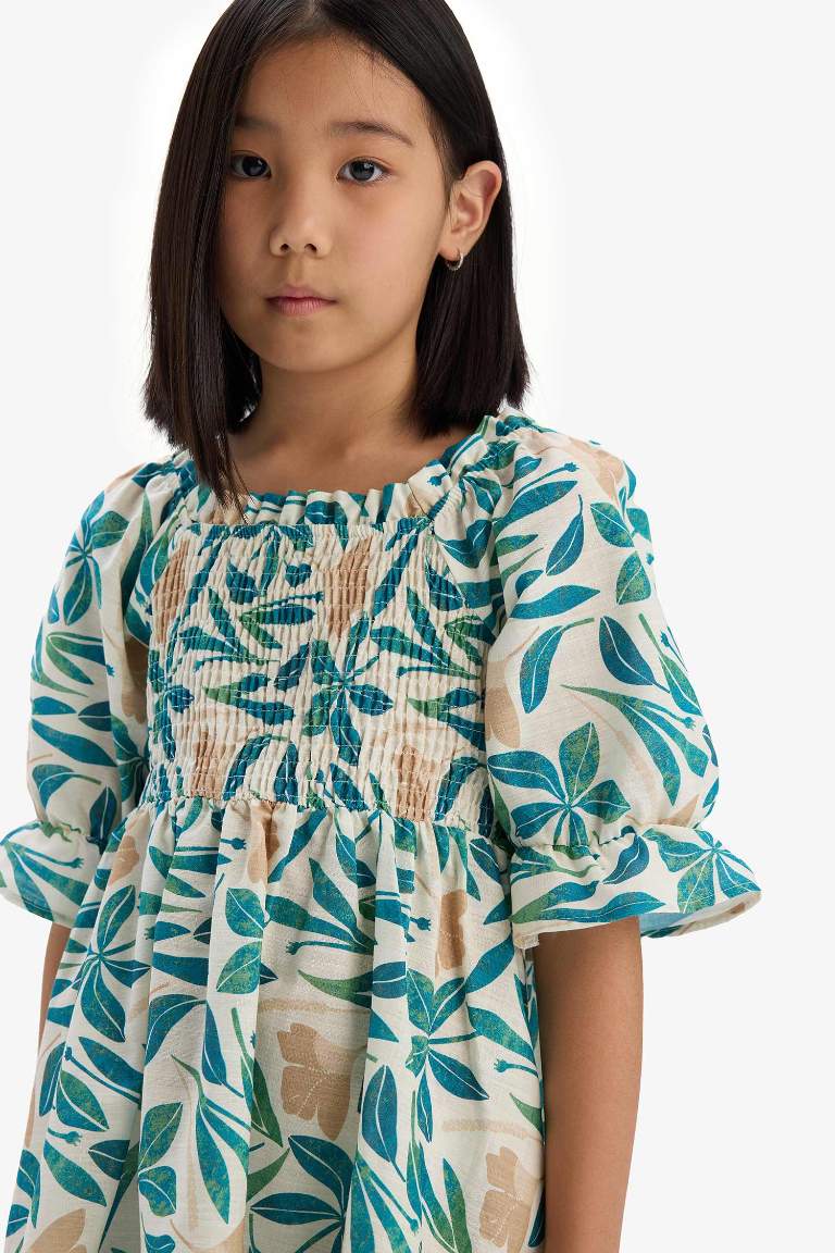 Girl Patterned Cotton Short Sleeve Dress