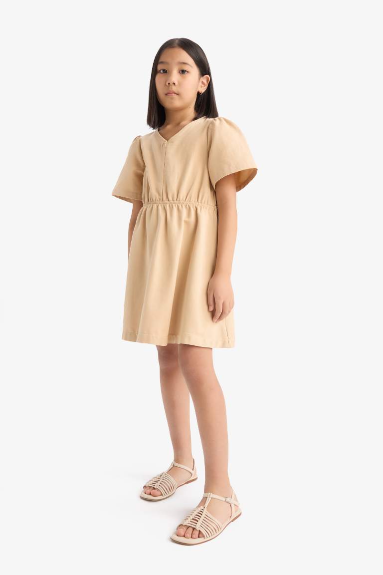 Girl Standard Fit V Neck Gabardine Short Sleeve Dress