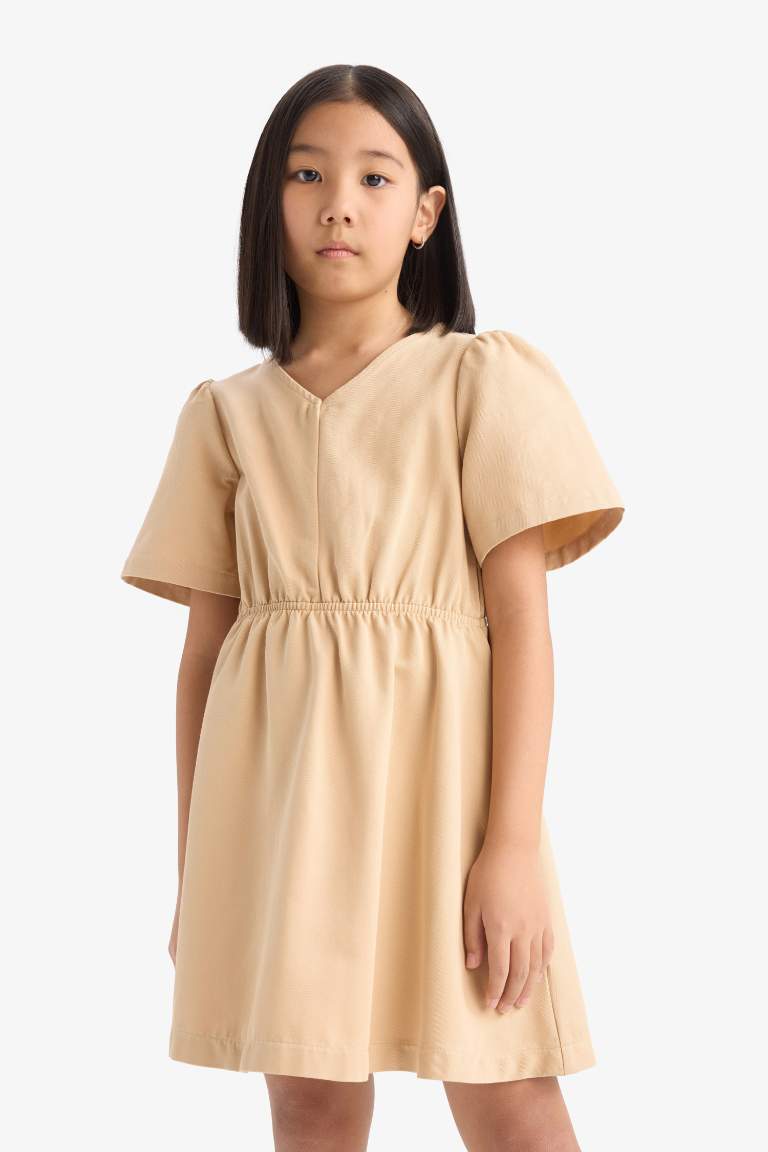 Girl Standard Fit V Neck Gabardine Short Sleeve Dress