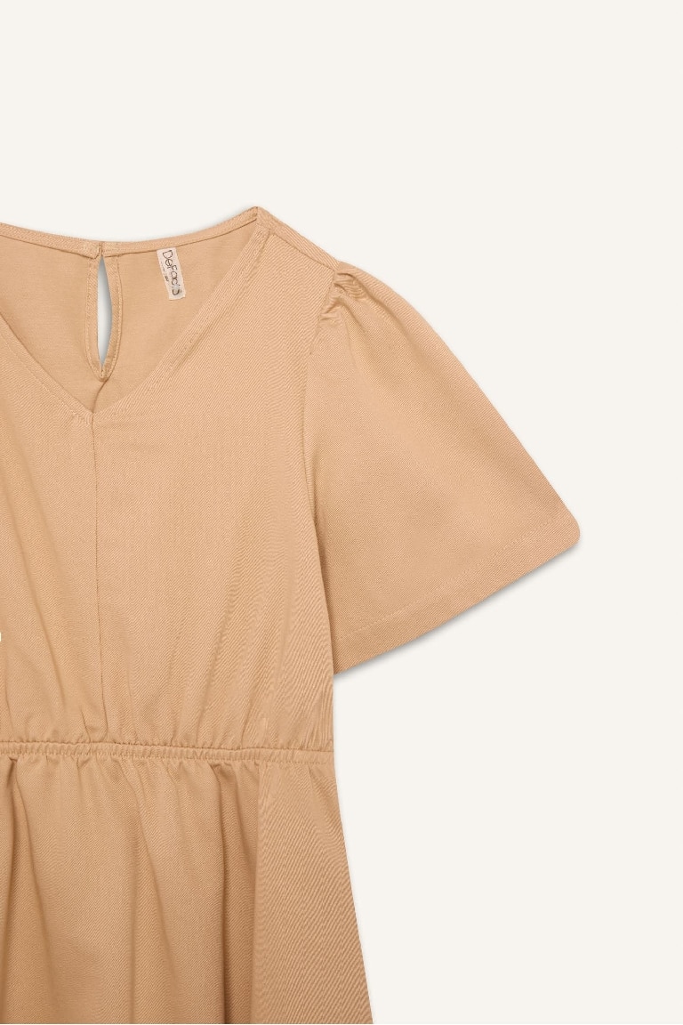 فستان بناتي جبردين نص كم قصة عادية وياقة V