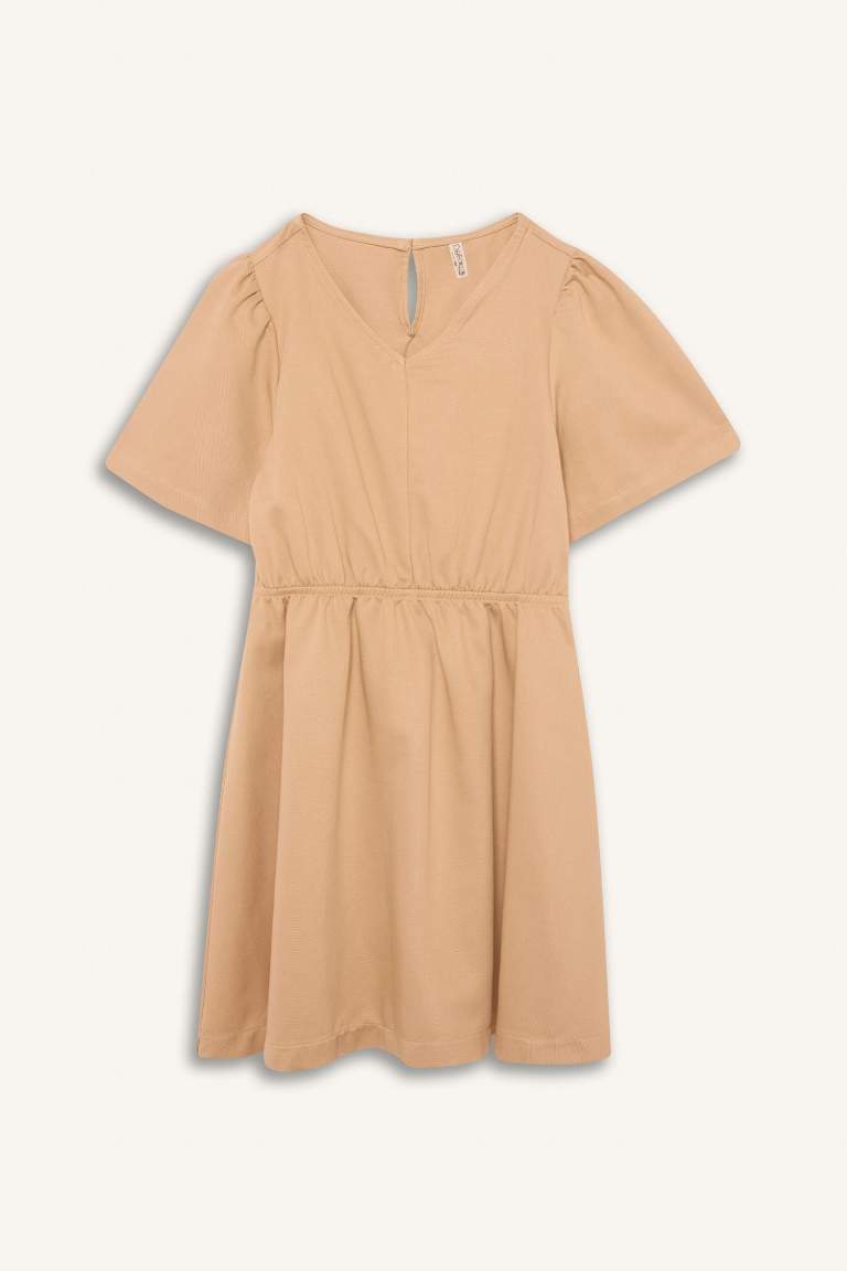 Girl Standard Fit V Neck Gabardine Short Sleeve Dress