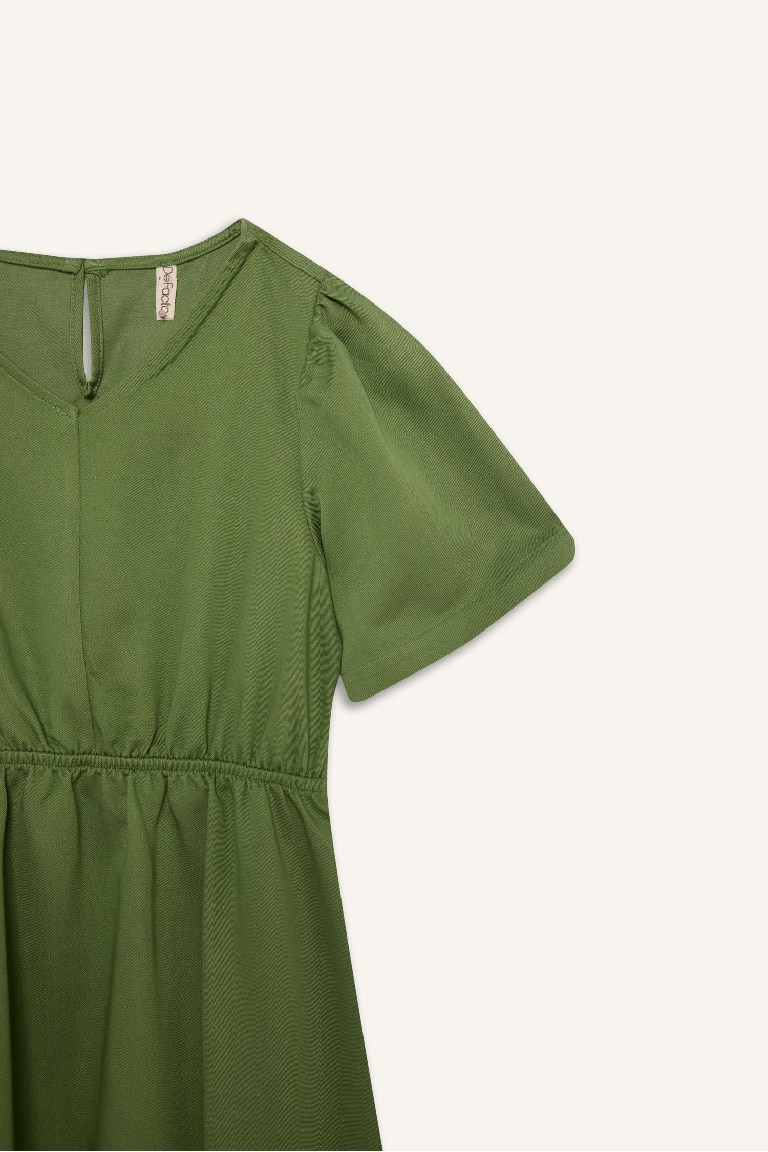 Kız Çocuk Standart Fit V Yaka Gabardin Kısa Kollu Elbise