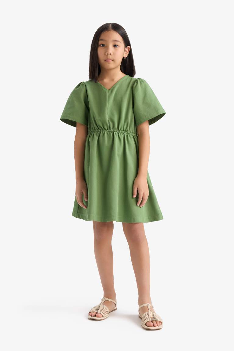 Girl Standard Fit V Neck Gabardine Short Sleeve Dress