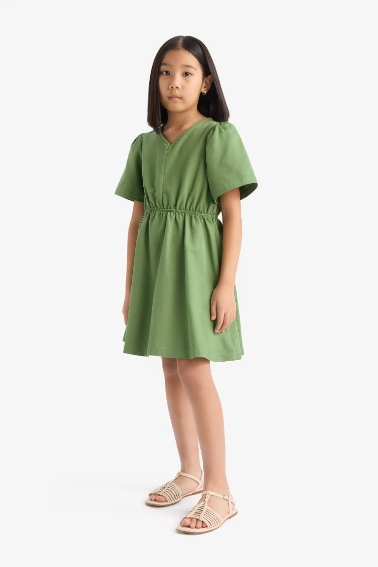 Girl Standard Fit V Neck Gabardine Short Sleeve Dress