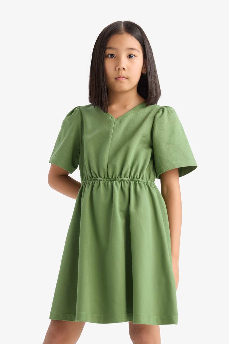 Girl Standard Fit V Neck Gabardine Short Sleeve Dress