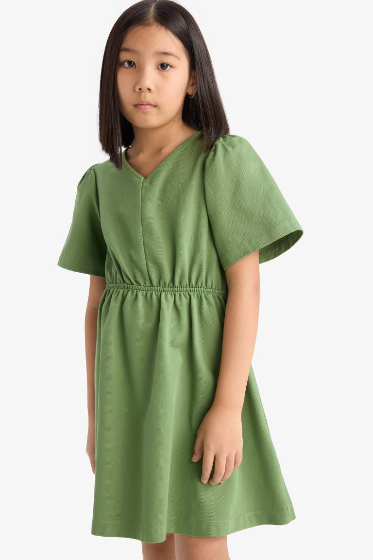 Girl Standard Fit V Neck Gabardine Short Sleeve Dress