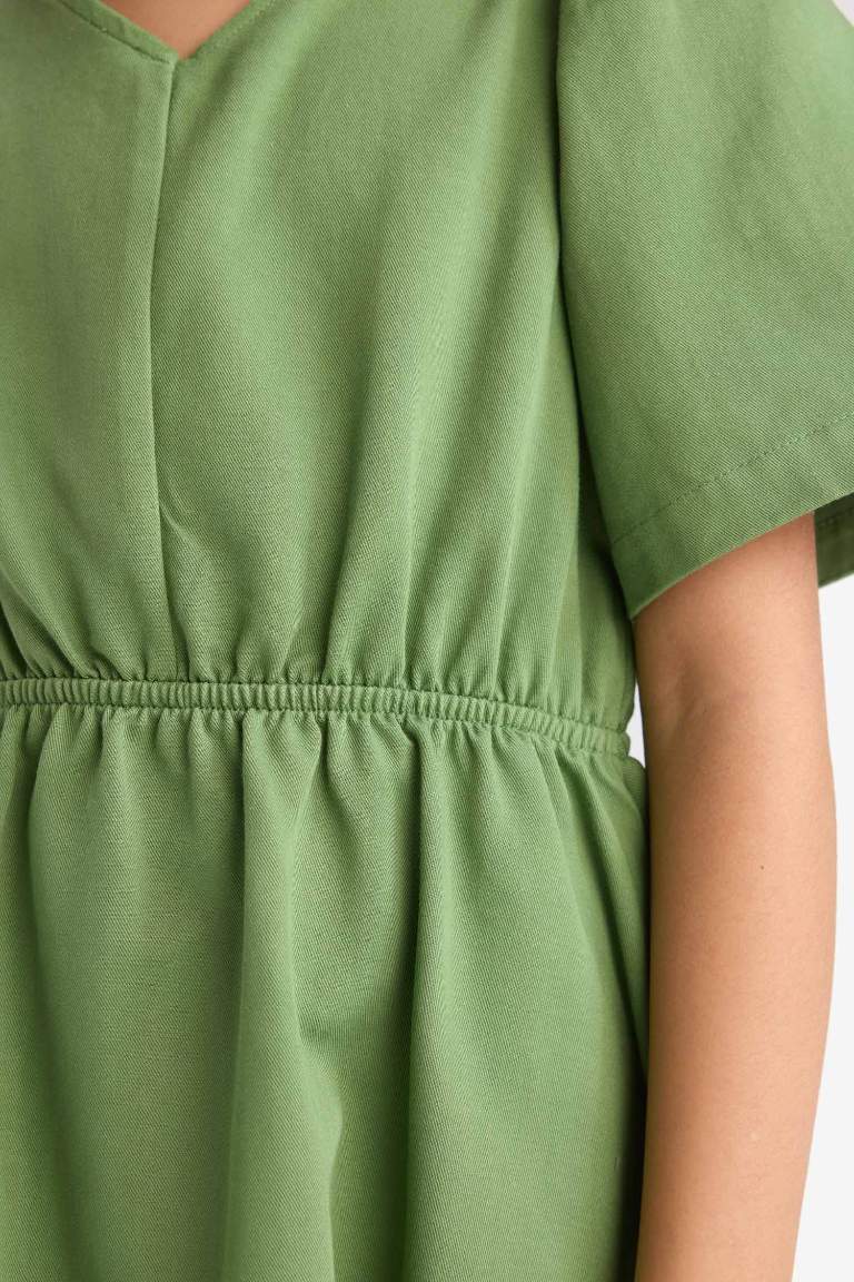 Girl Standard Fit V Neck Gabardine Short Sleeve Dress