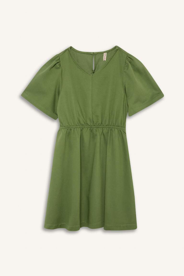 Girl Standard Fit V Neck Gabardine Short Sleeve Dress