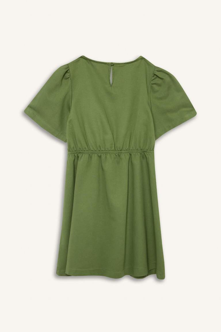 Robe en gabardine à col en V et manches courtes Coupe standard pour fille