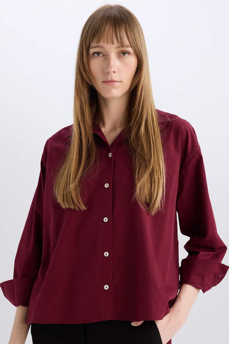 Oversize Fit Shirt Collar Poplin Long Sleeve Shirt