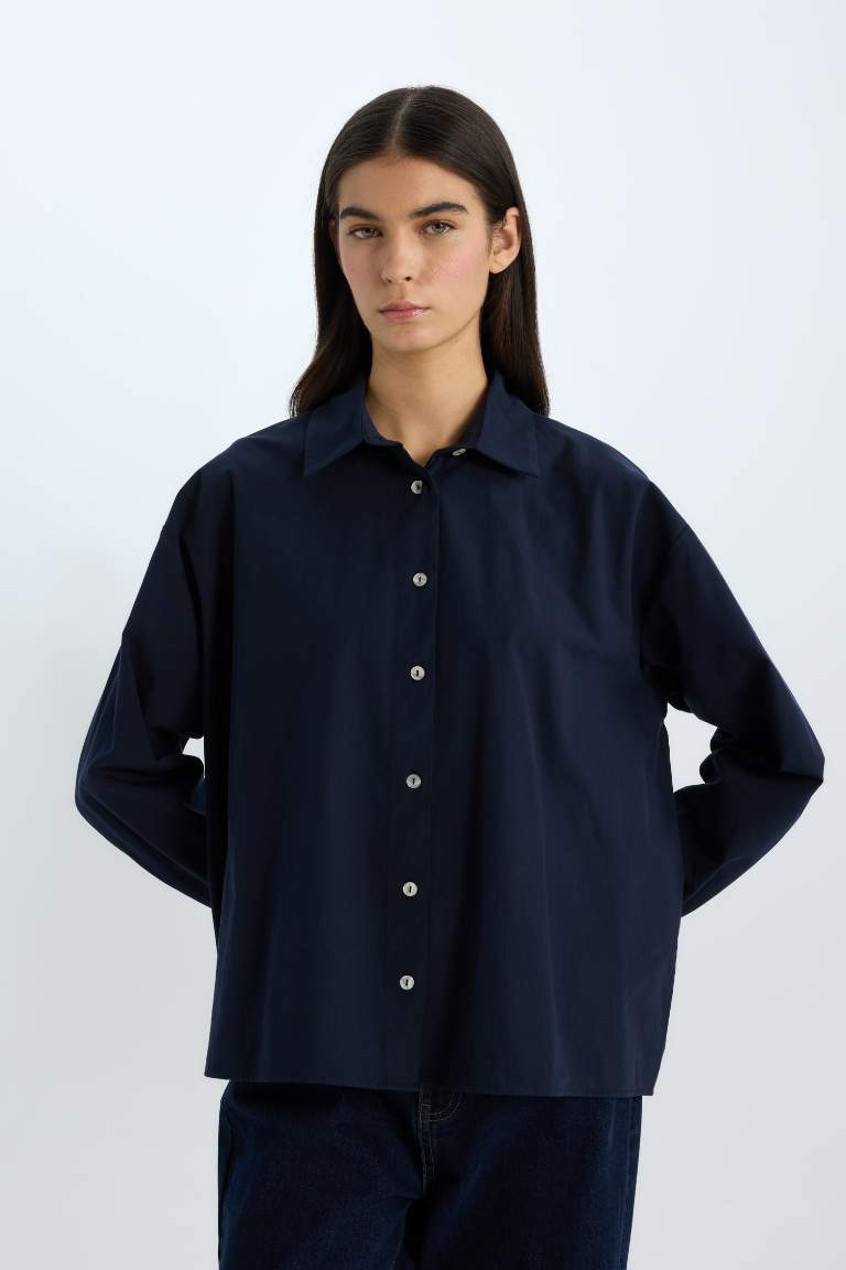 Oversize Fit Shirt Collar Poplin Long Sleeve Shirt