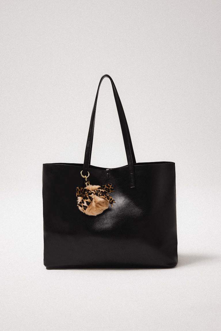 Kadın Leopar Detaylı Ponpon Charm Anahtarlık