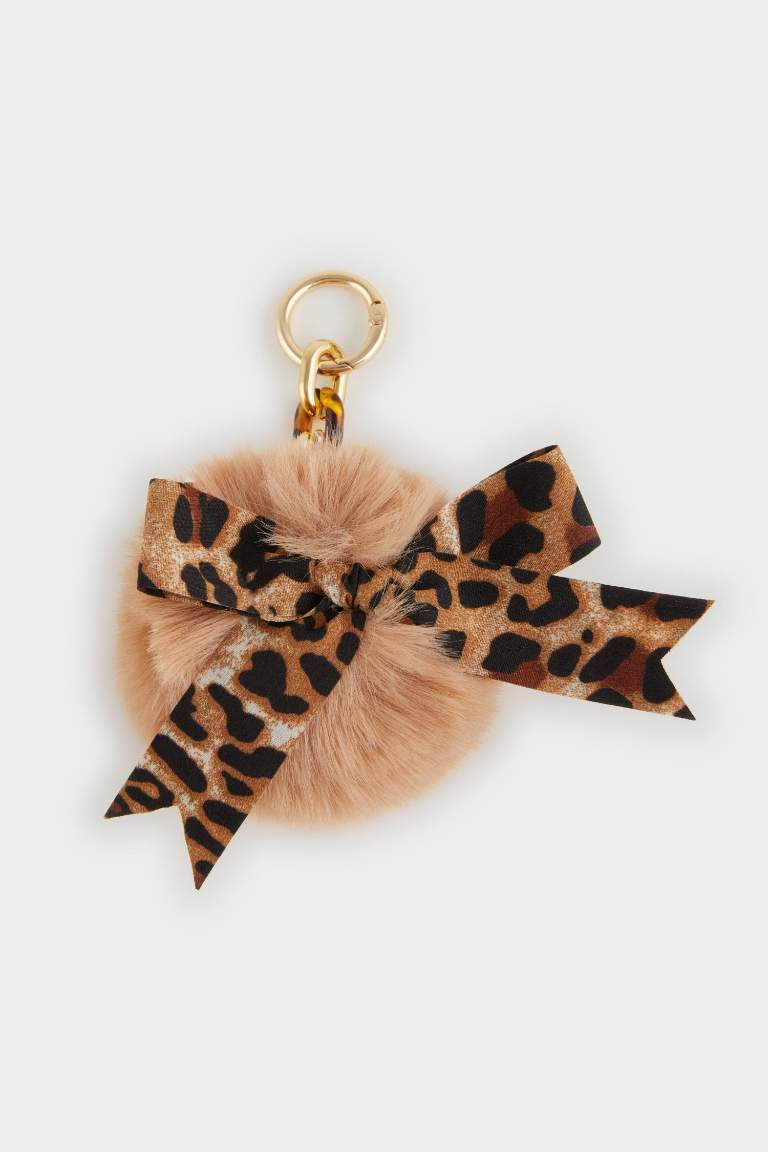 Kadın Leopar Detaylı Ponpon Charm Anahtarlık