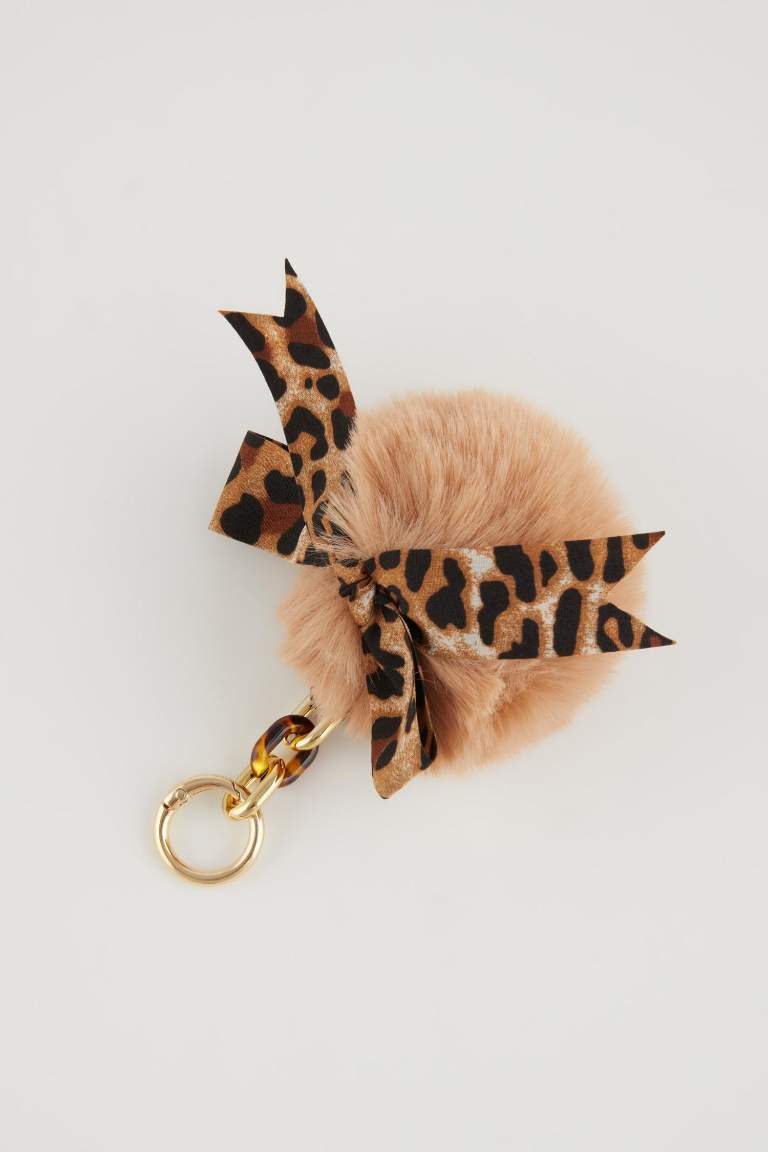 Kadın Leopar Detaylı Ponpon Charm Anahtarlık