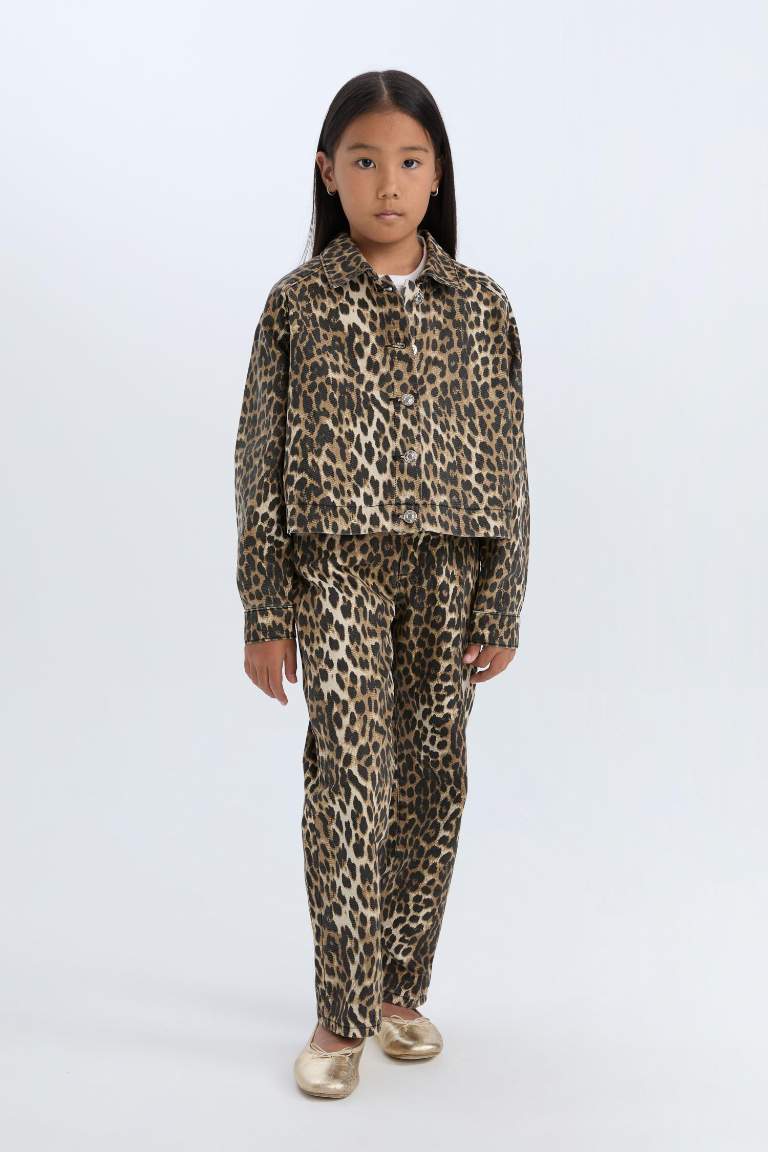 Kız Çocuk Leopar Desenli 90's Wide Leg Düz Paça Gabardin Pantolon