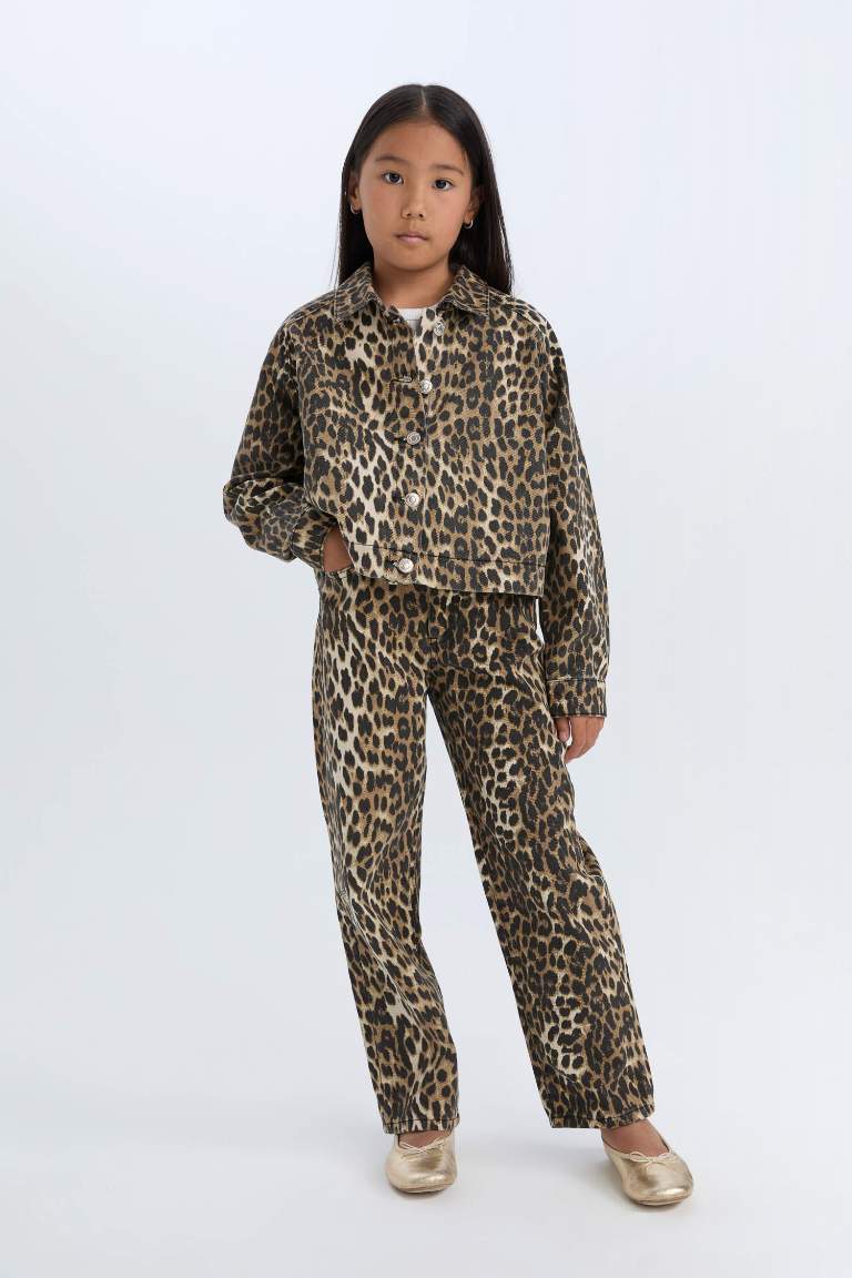 Girl 90's Wide Leg Straight Leg Gabardine Leopard Trousers