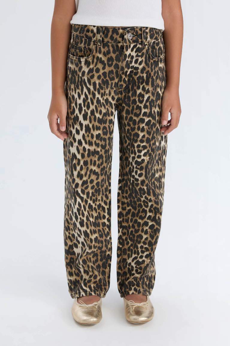 Girl 90's Wide Leg Straight Leg Gabardine Leopard Trousers