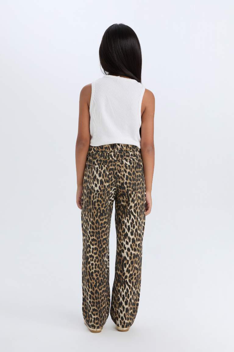 Girl 90's Wide Leg Straight Leg Gabardine Leopard Trousers