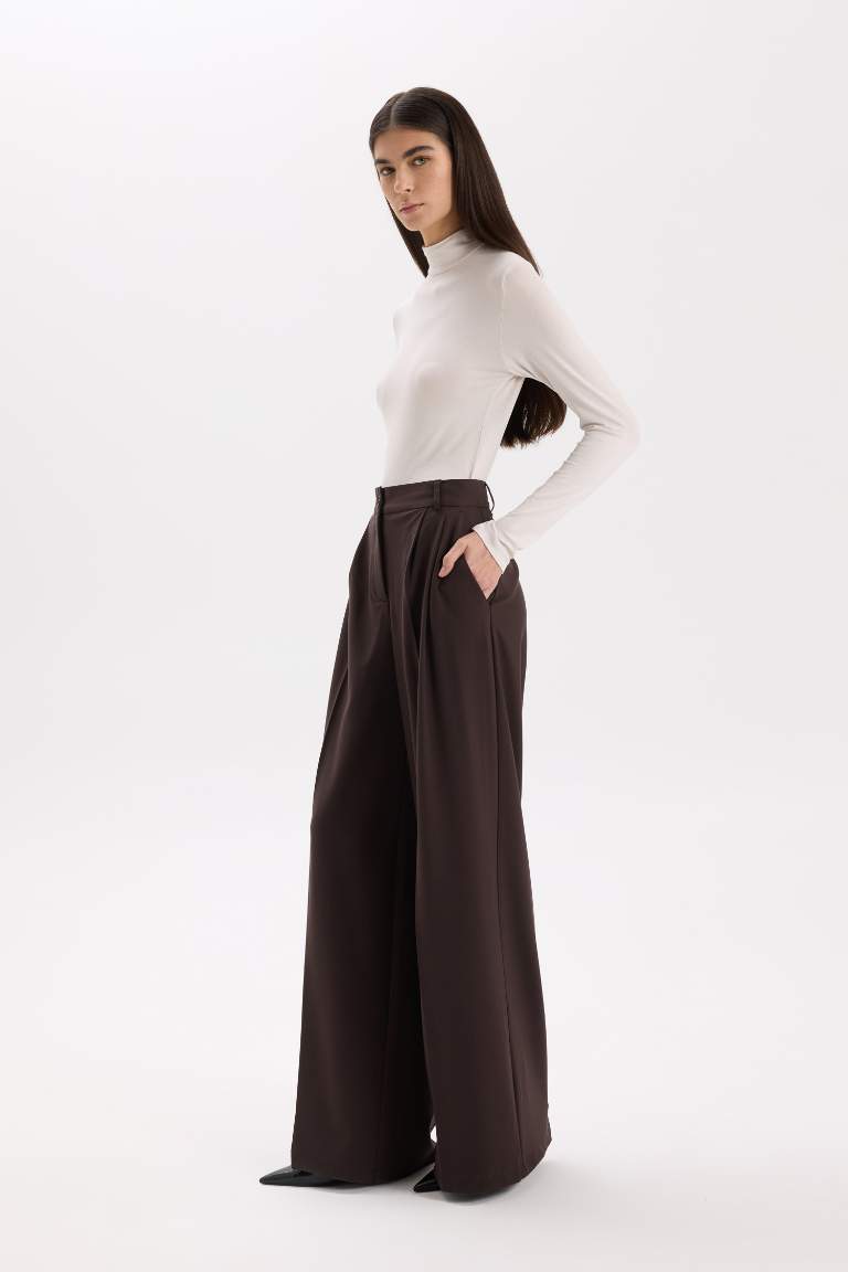 Wide Leg Kışlık Pantolon Geniş Paça Pensli Cepli Yüksek Bel Uzun Boy