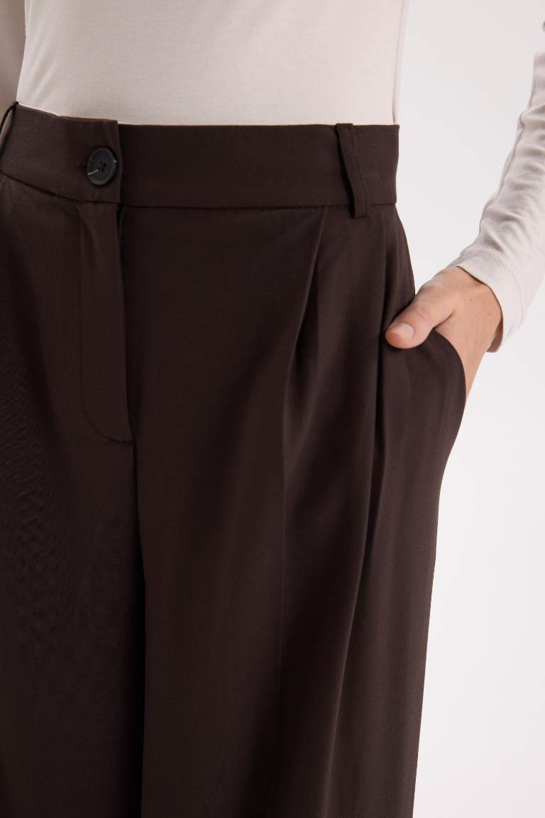 Wide Leg Kışlık Pantolon Geniş Paça Pensli Cepli Yüksek Bel Uzun Boy
