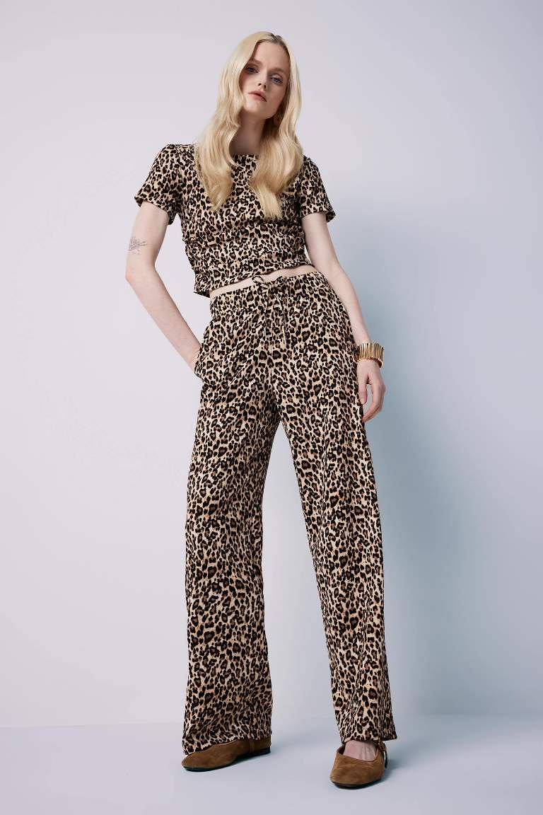 Straight Fit Leopar Desenli Cepli Bürümcük Pantolon