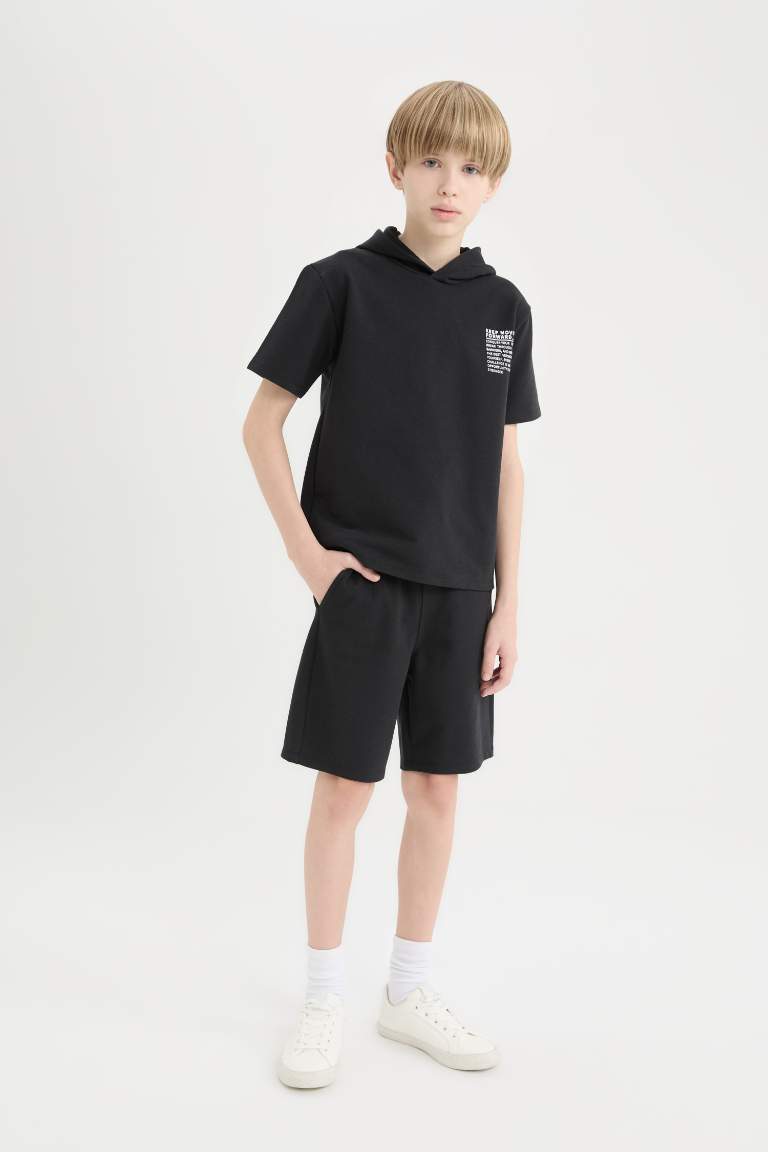 Boy Hooded Printed T-Shirt Elastic Waist Shorts 2 Piece Set