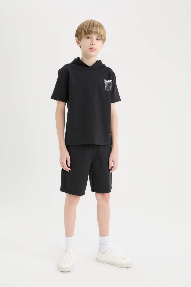 Boy Hooded Printed T-Shirt Elastic Waist Shorts 2 Piece Set