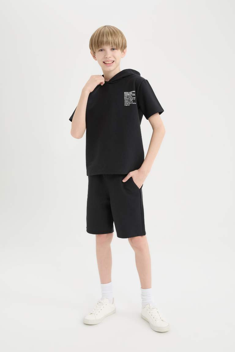 Boy Hooded Printed T-Shirt Elastic Waist Shorts 2 Piece Set