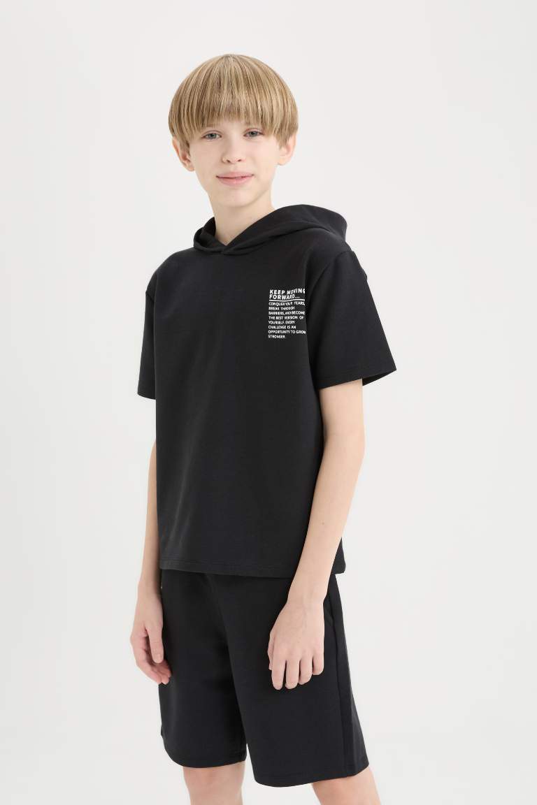 Boy Hooded Printed T-Shirt Elastic Waist Shorts 2 Piece Set