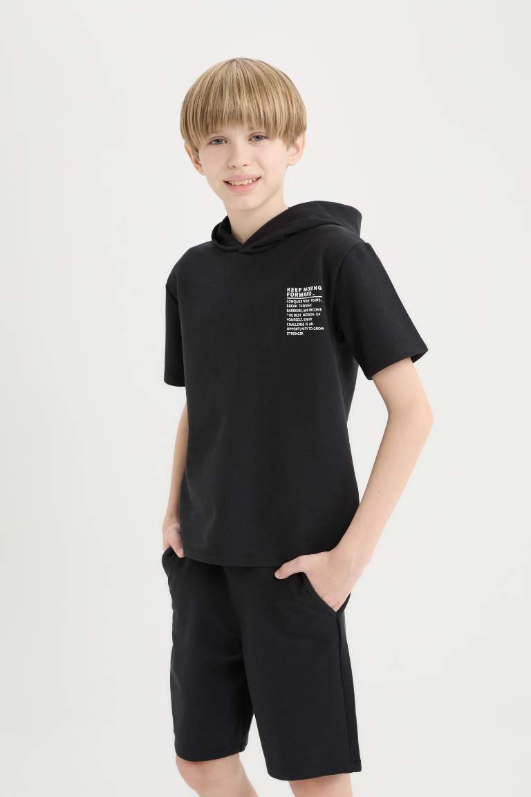 Boy Hooded Printed T-Shirt Elastic Waist Shorts 2 Piece Set