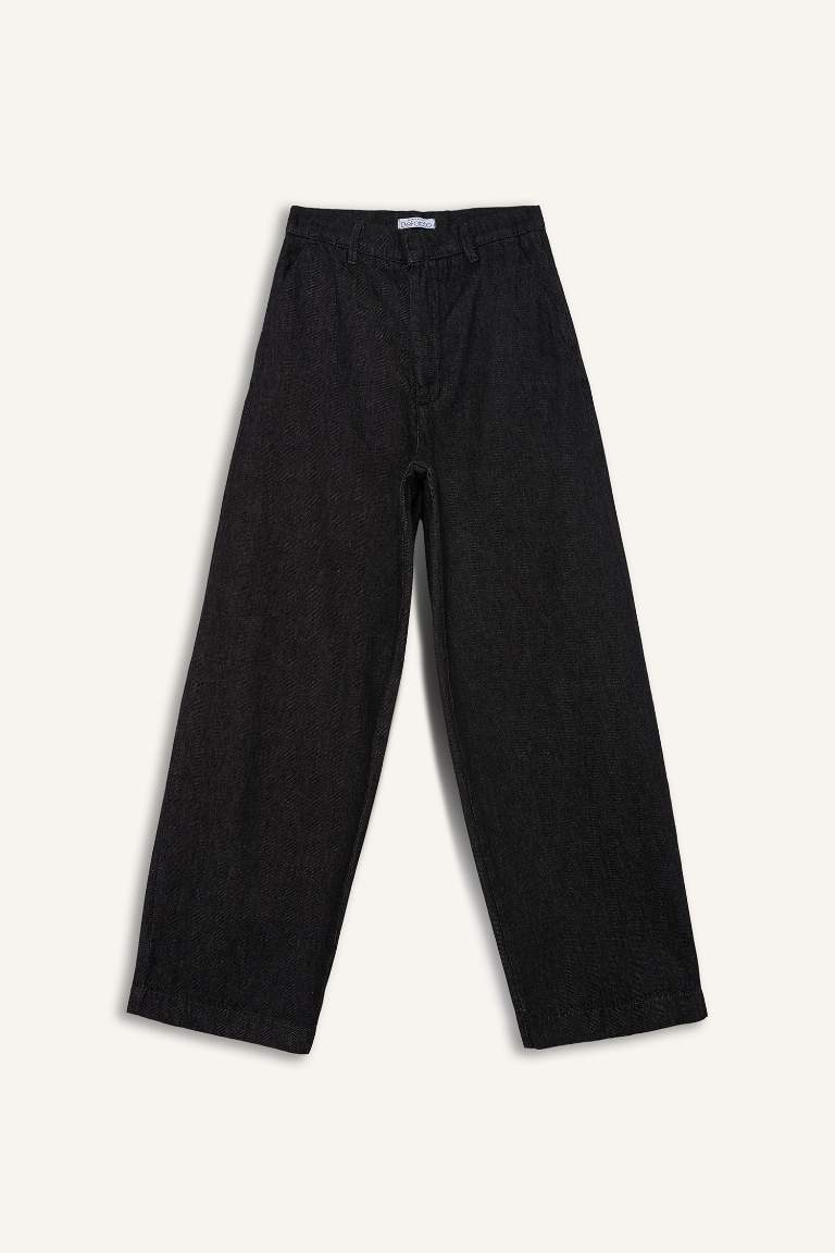 سروال جينز واسع بخصر عالي