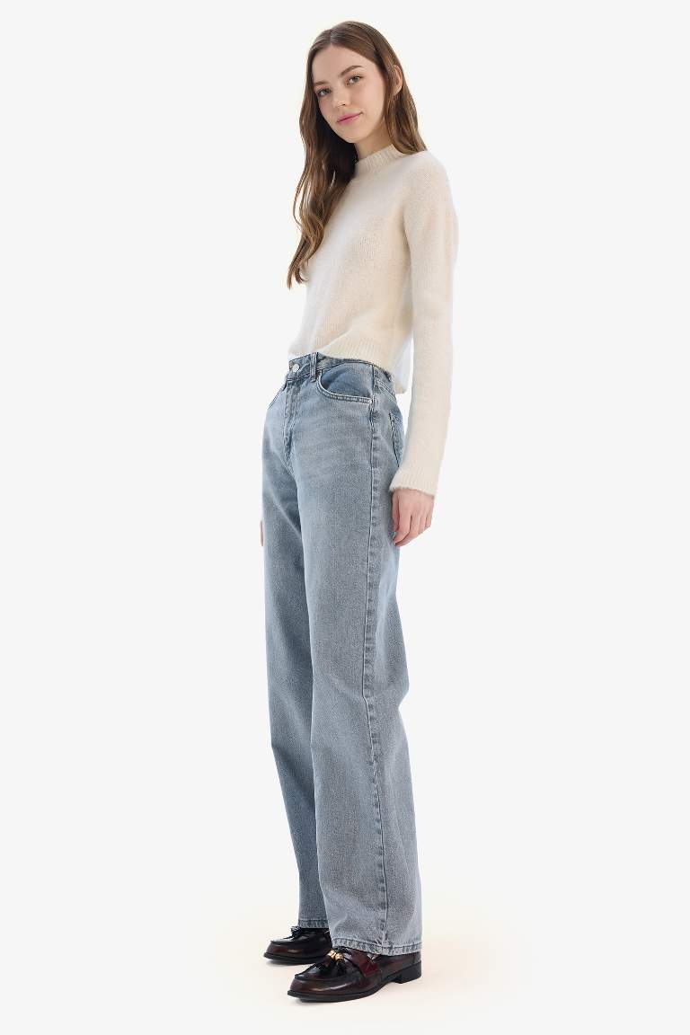 Straight Wide High Waist Long Washed Jeans