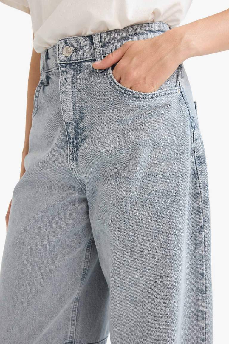 Baggy Fit Yüksek Bel Uzun Jean Yıkamalı Pantolon