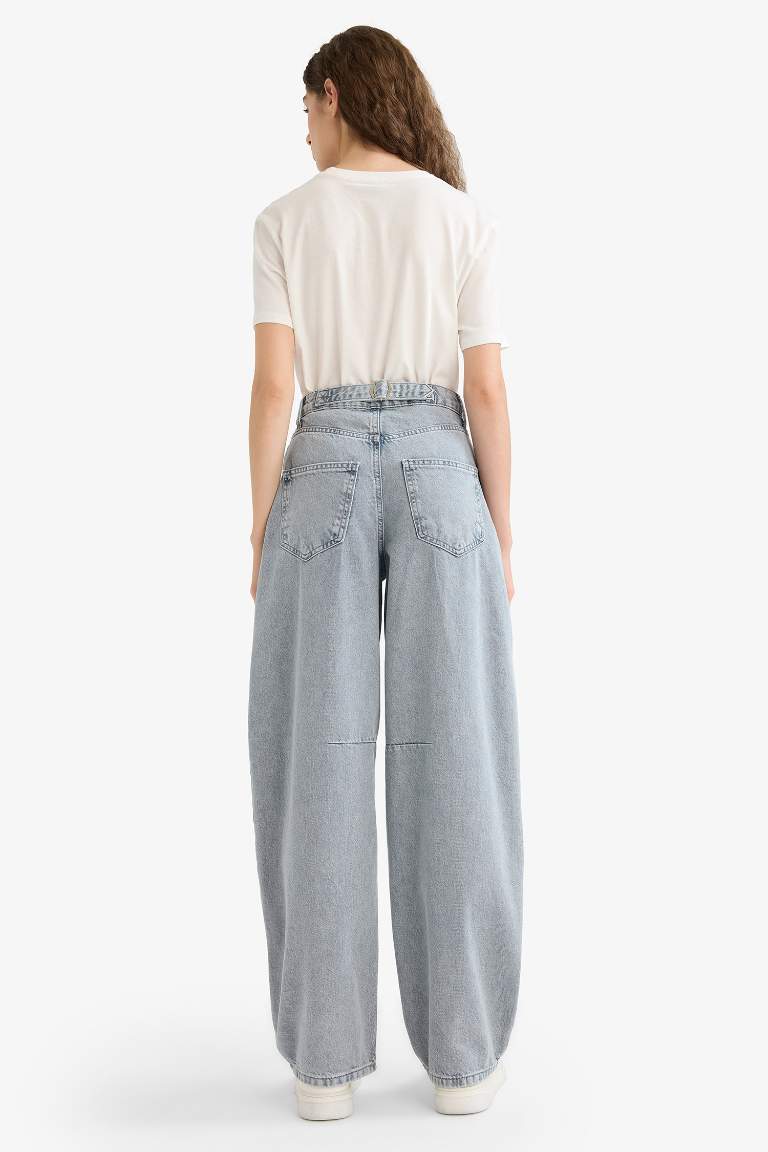 Baggy Fit Yüksek Bel Uzun Jean Yıkamalı Pantolon