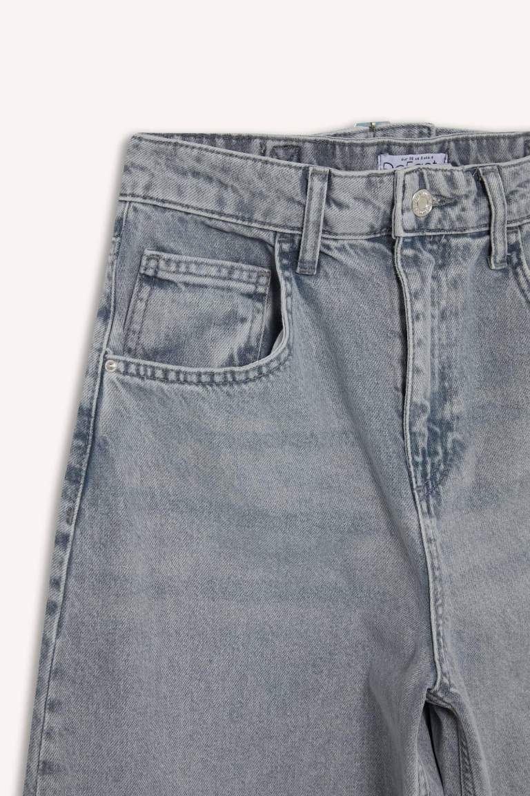 Baggy Fit Yüksek Bel Uzun Jean Yıkamalı Pantolon
