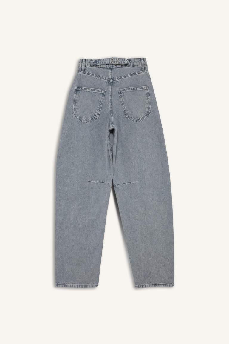 Baggy Fit Yüksek Bel Uzun Jean Yıkamalı Pantolon