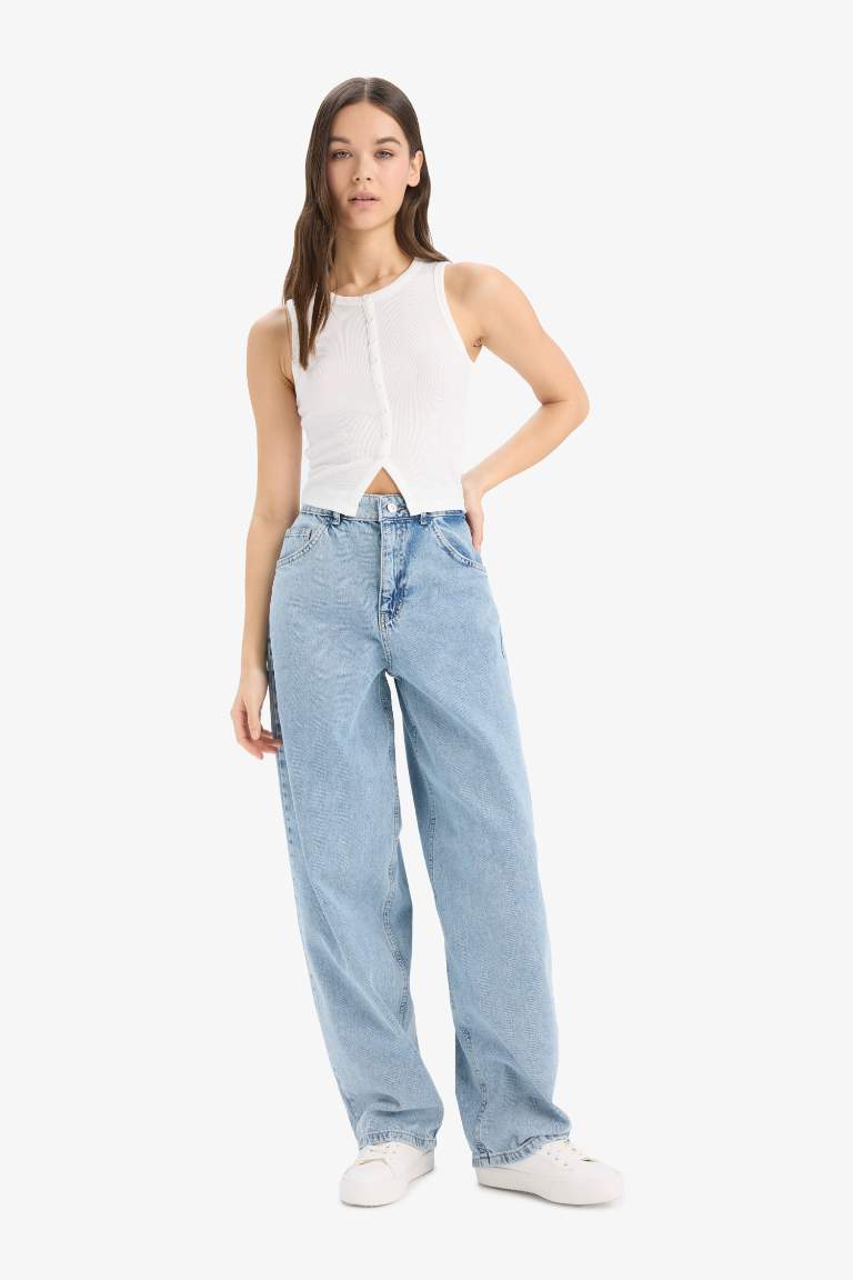 Baggy Fit High Waist Long Washed Jeans