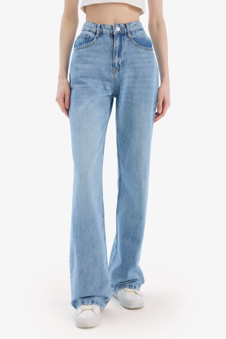 Straight Wide High Waist Long Washed Jeans