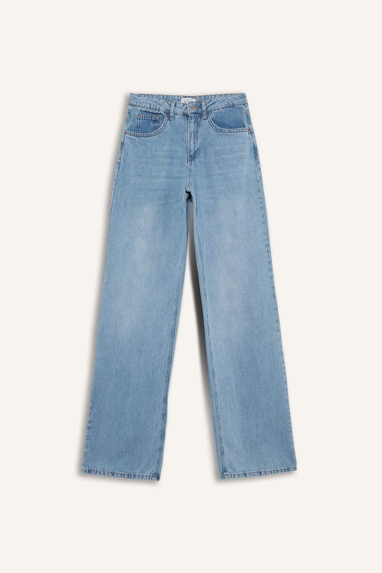 Straight Wide Yüksek Bel Uzun Jean Yıkamalı Pantolon